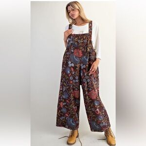Easel Floral Patterned Jumpsuit - Brown and Red